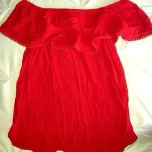 Off the shoulder red shirt